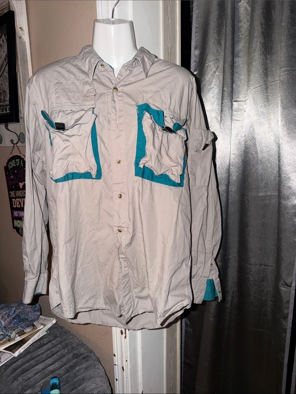 Light Gray Men's Browning Utility Shirt Jacket with Teal Trim size Large see des